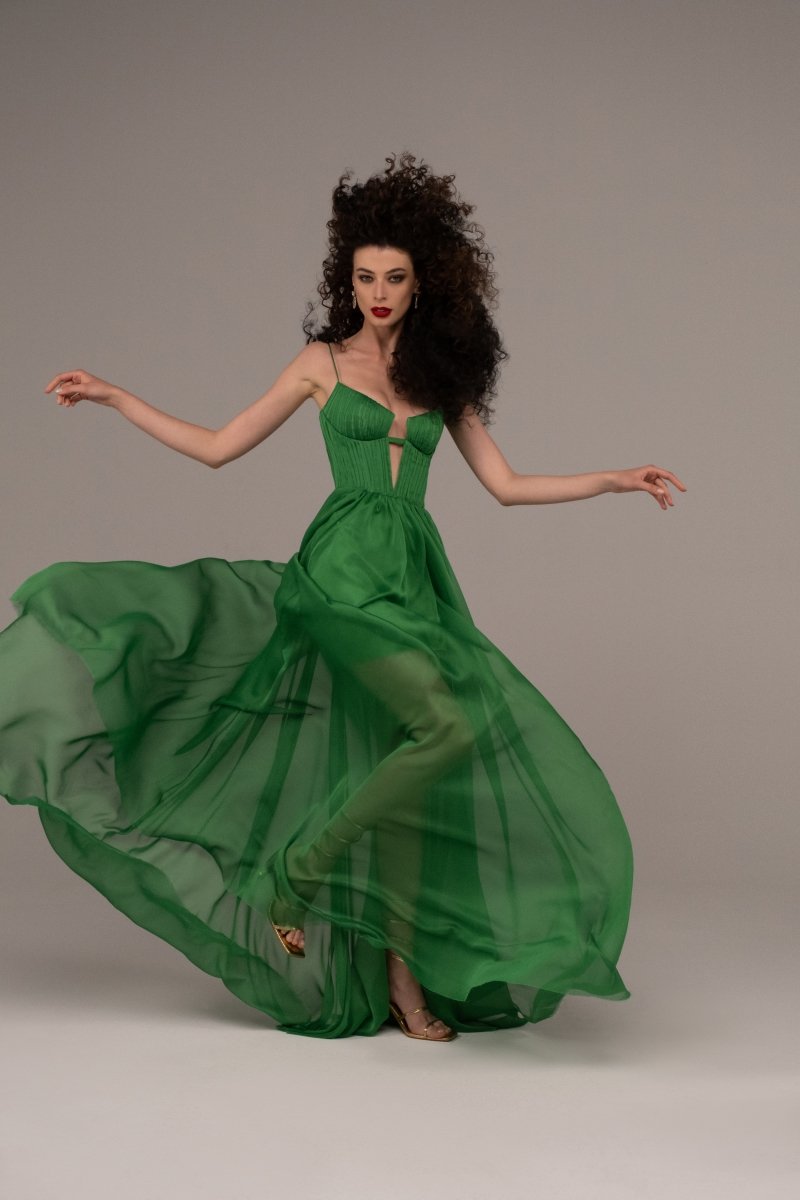 rasario green dress Satin maxi dress with a train  Color: Green  RASARIO Online Boutique 34 (FR) / Green