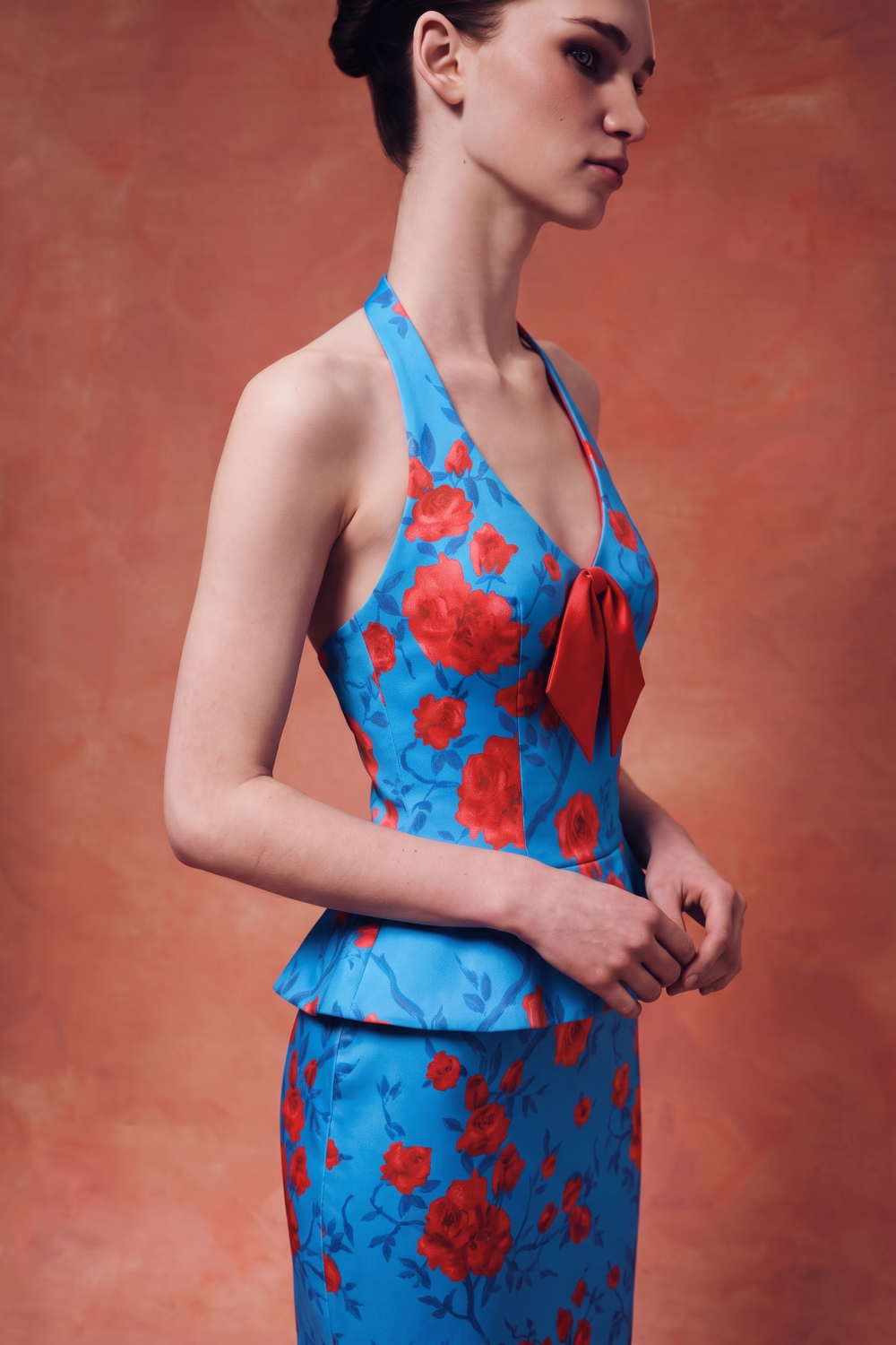 Floral crepe satin halterneck dress