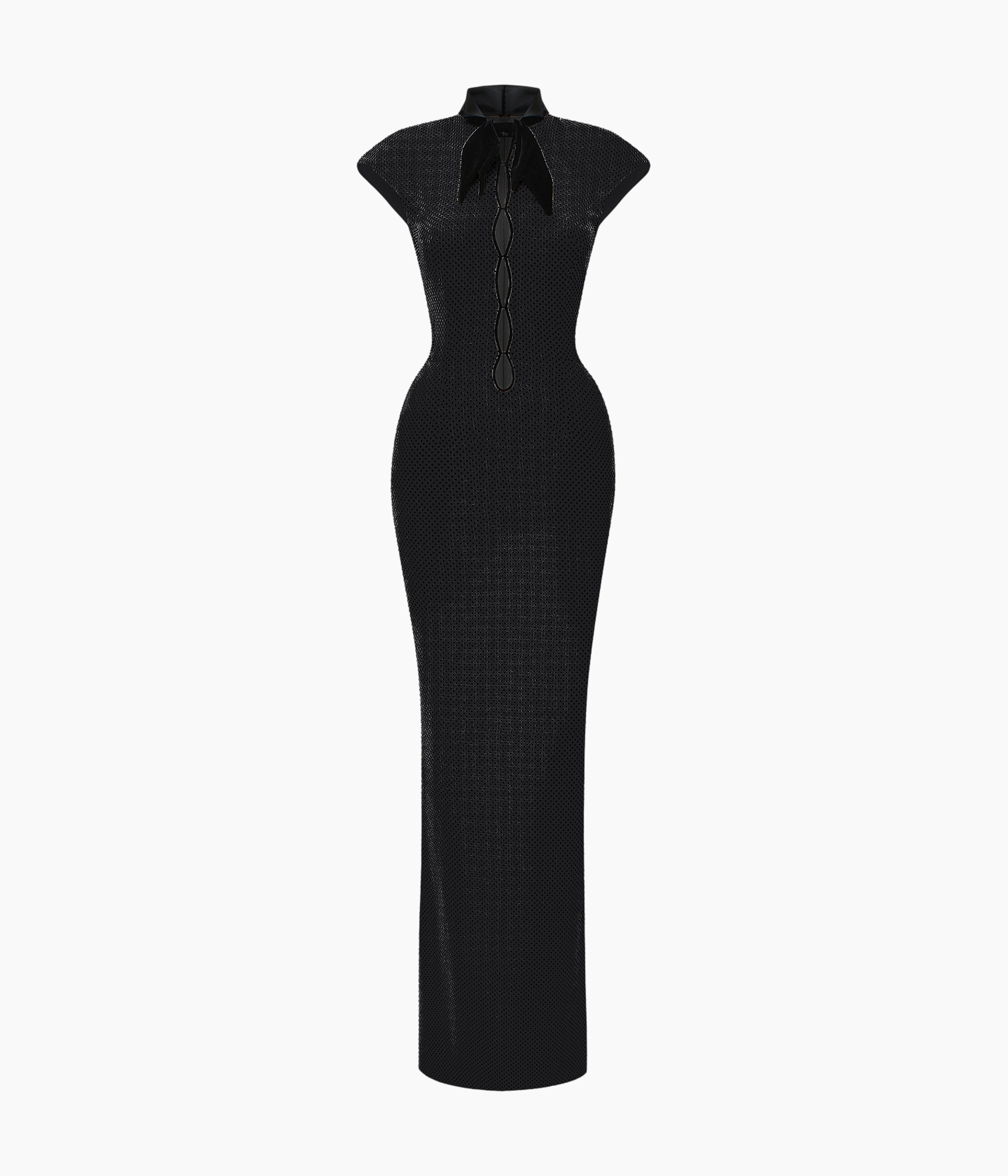 Crystal-Embellished Maxi Dress with Sculptural Pannier Panels