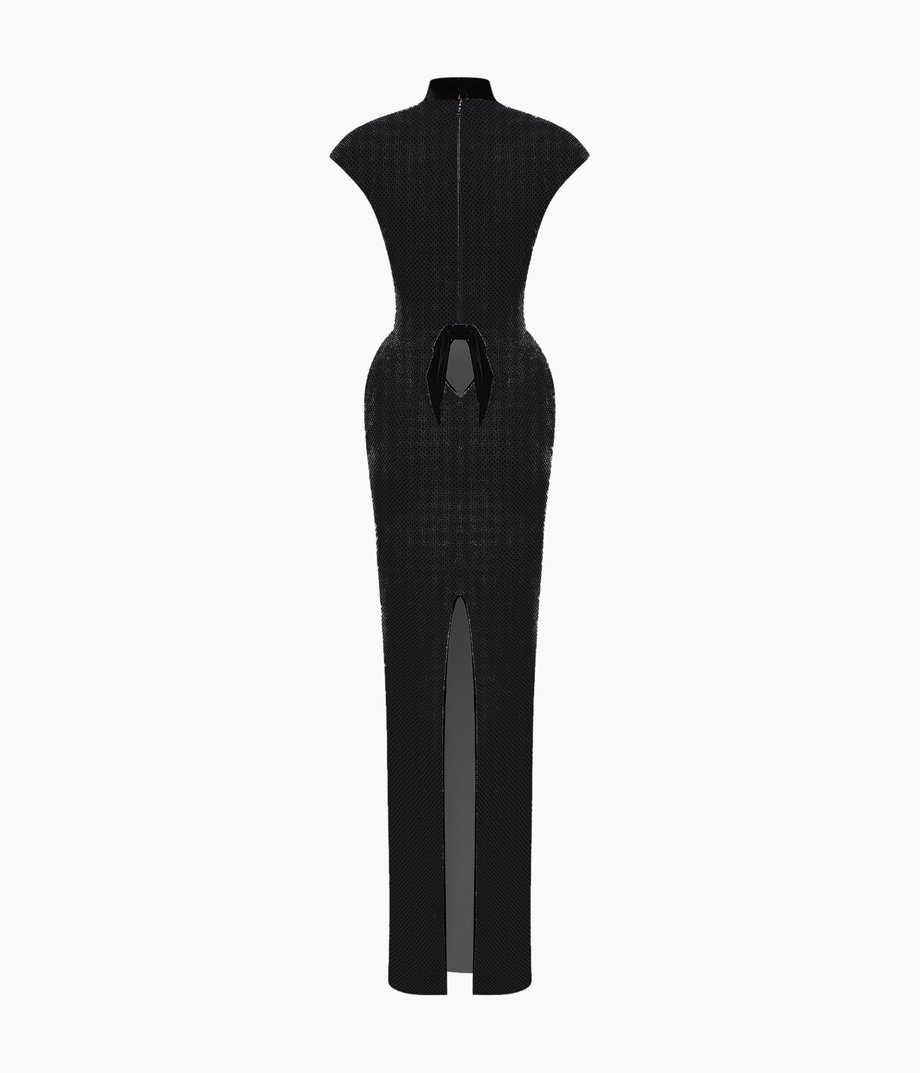 Crystal-Embellished Maxi Dress with Sculptural Pannier Panels