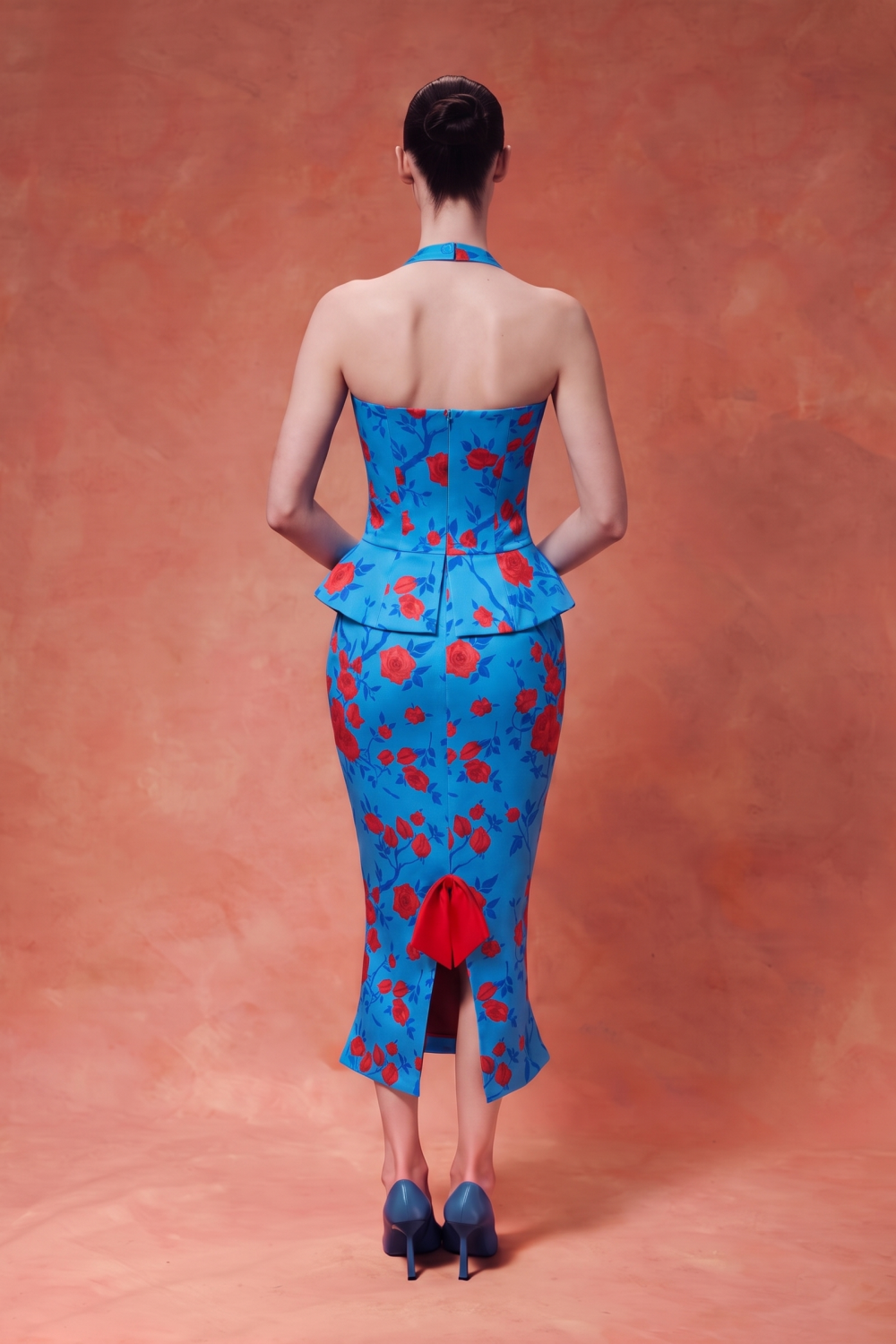 Floral crepe satin halterneck dress