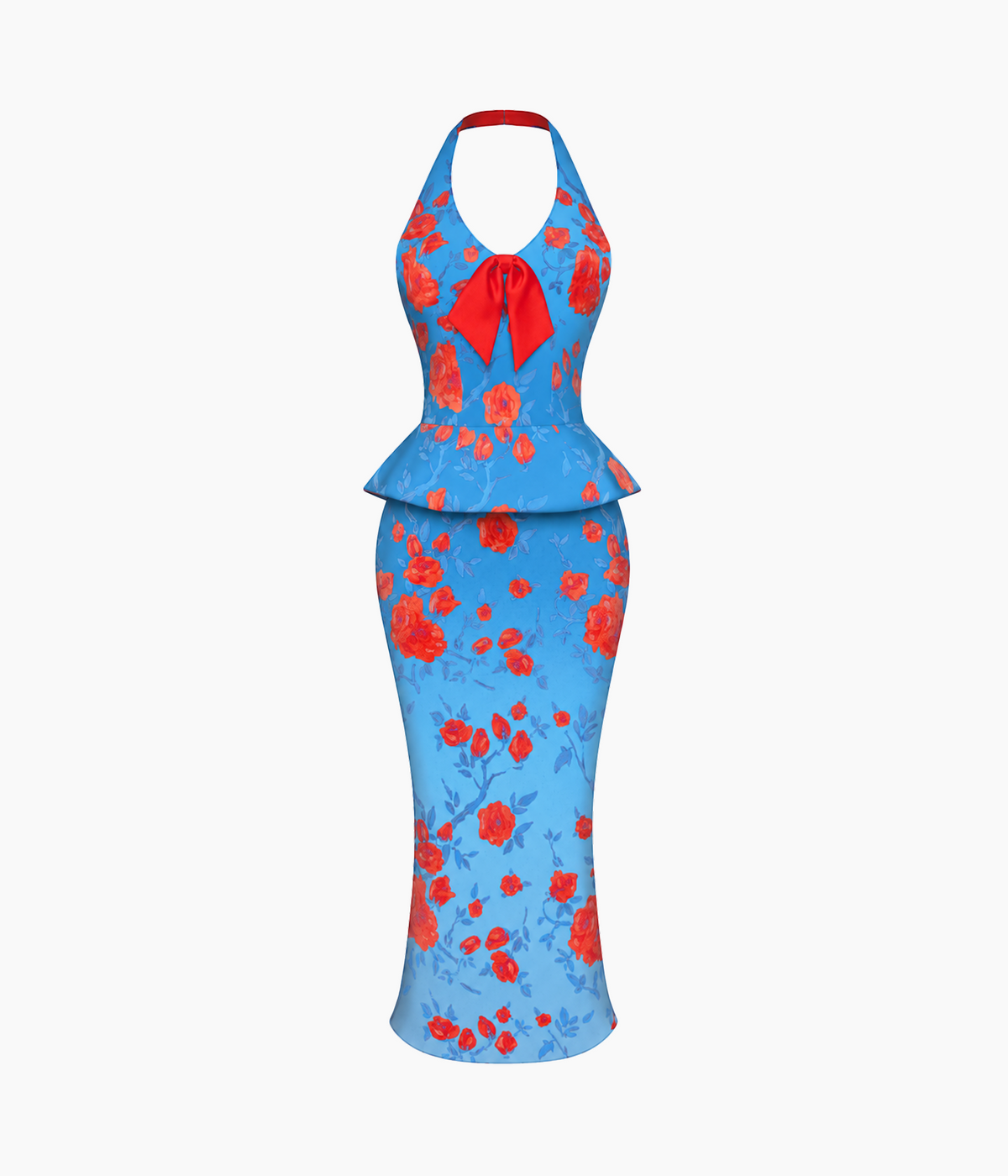Floral crepe satin halterneck dress