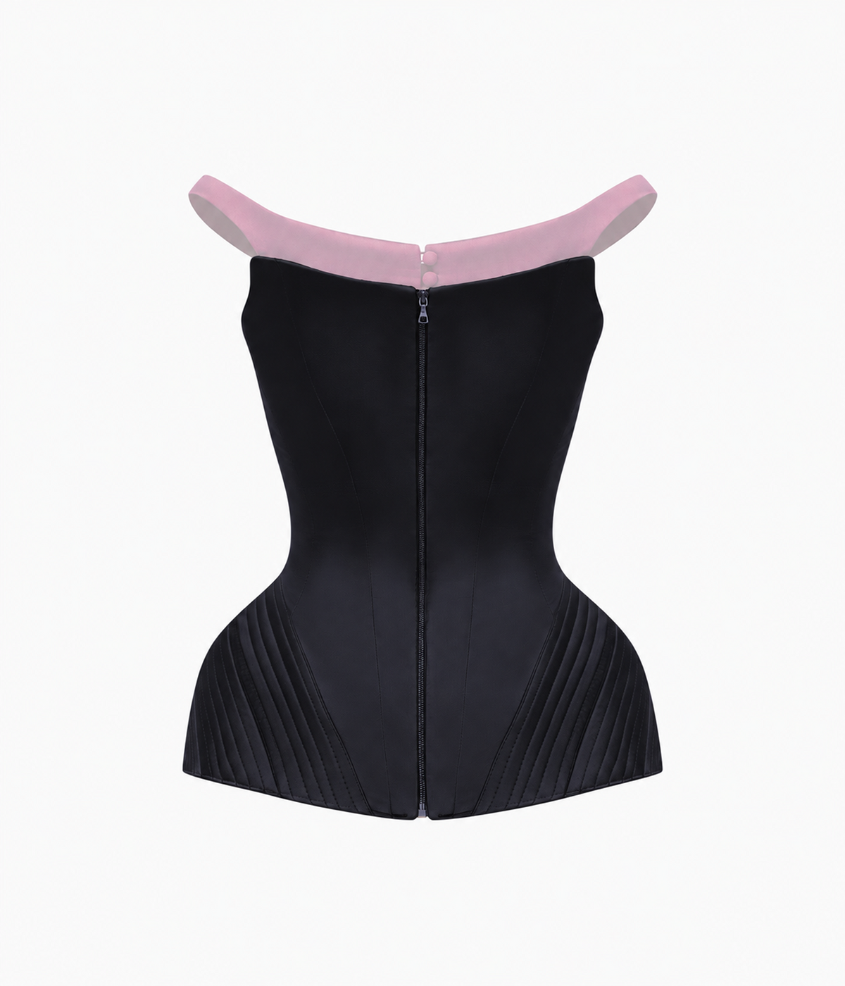 Off-the-shoulder satin corset top with sculpted hip panniers