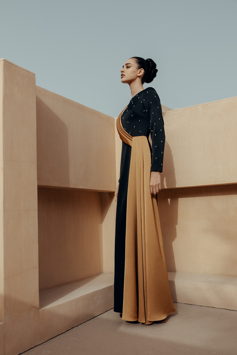 Embroidered satin maxi dress with voluminous drapery