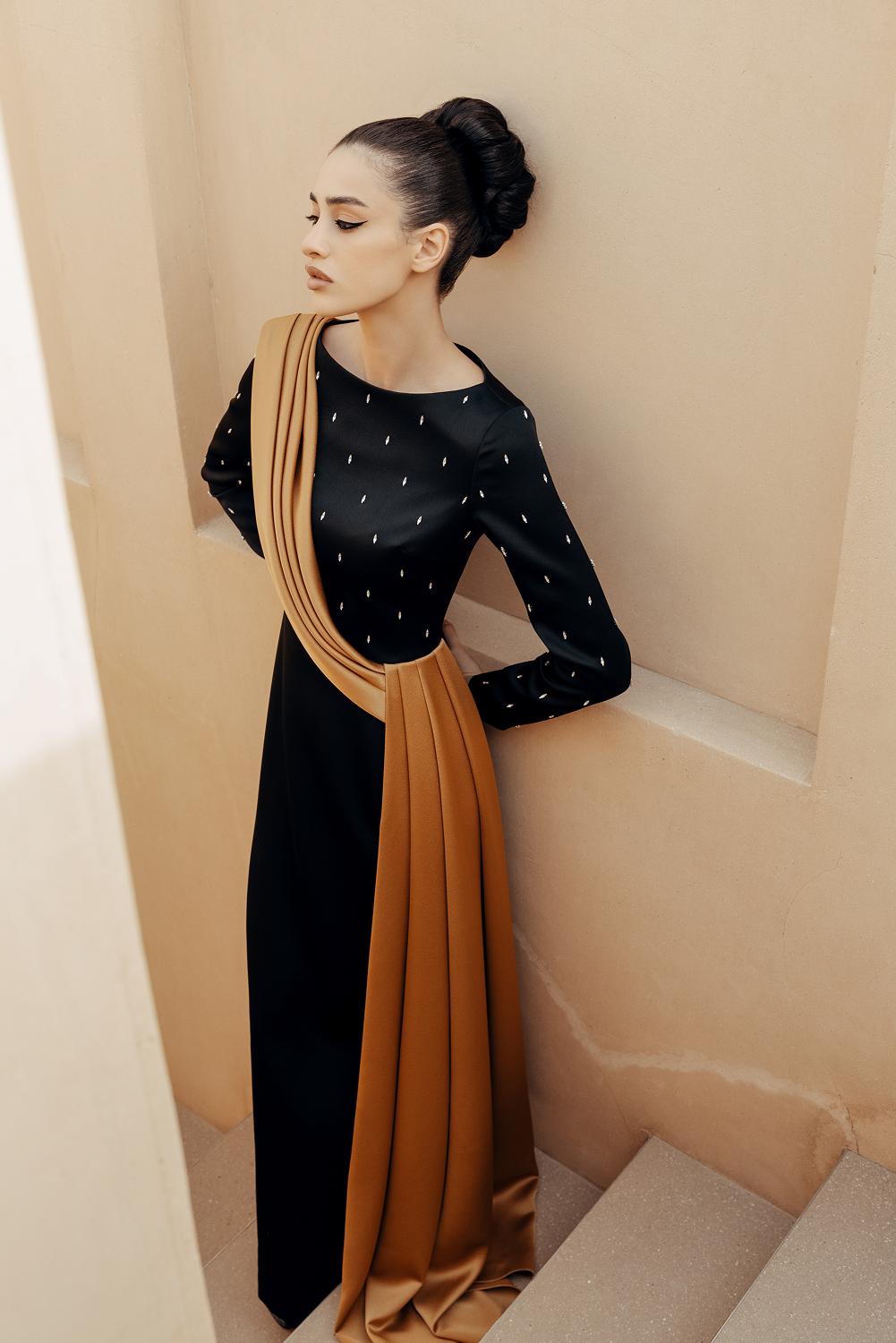 Embroidered satin maxi dress with voluminous drapery