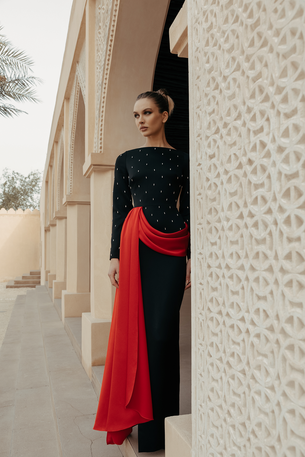 Embroidered satin maxi dress with drapery and train