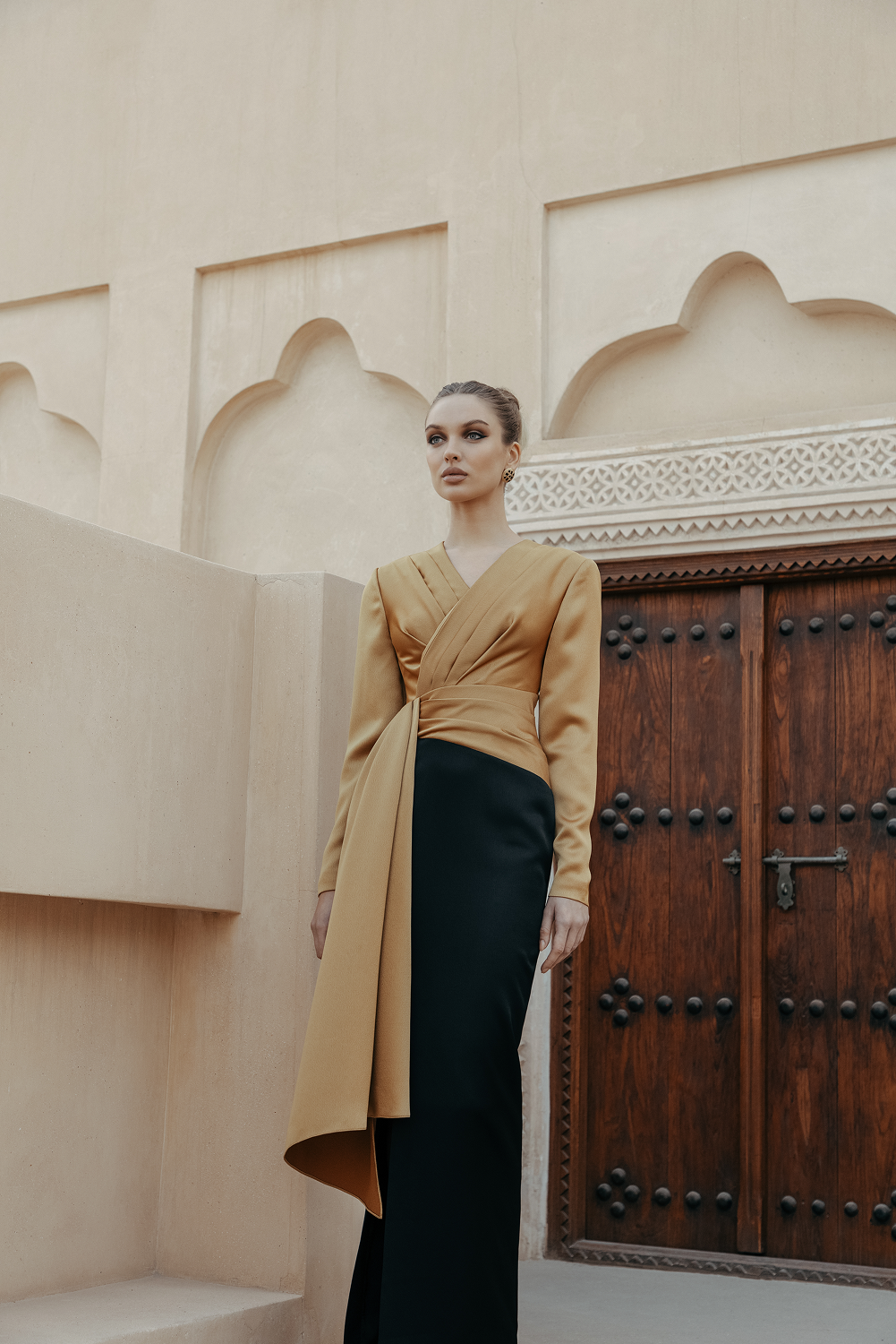 Draped satin maxi dress with voluminous shoulders