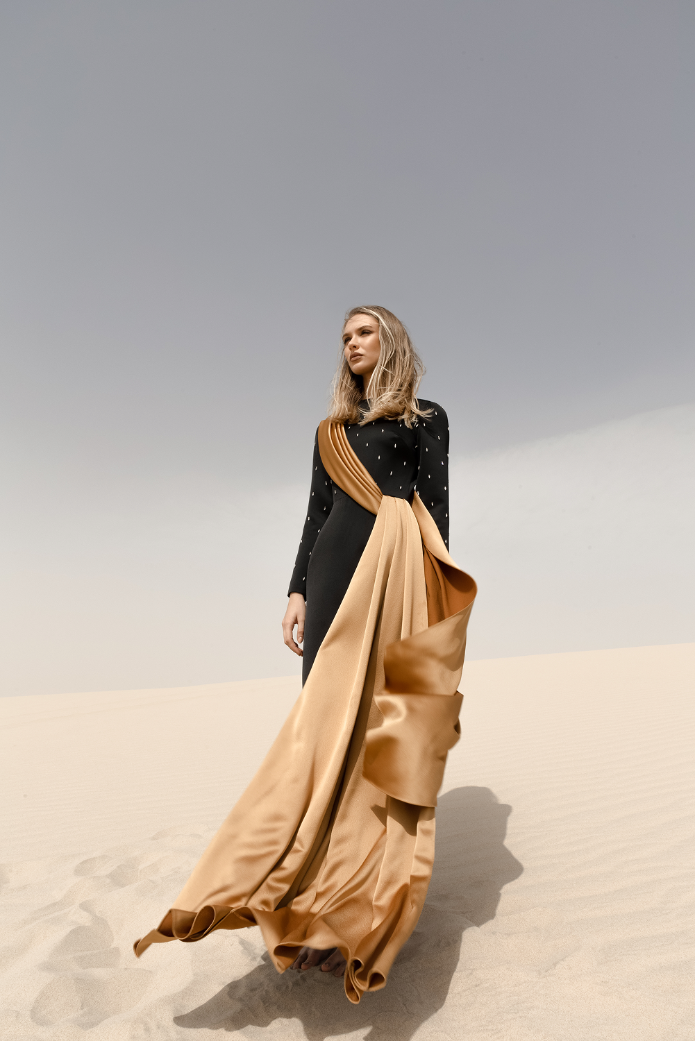 Embroidered satin maxi dress with voluminous drapery