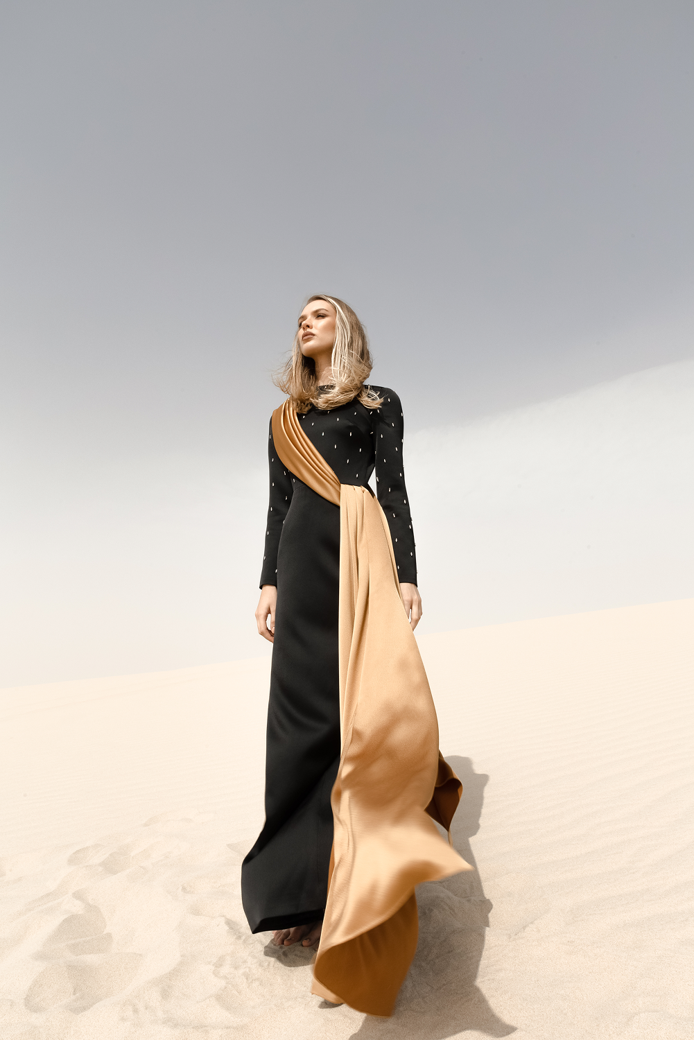 Embroidered satin maxi dress with voluminous drapery