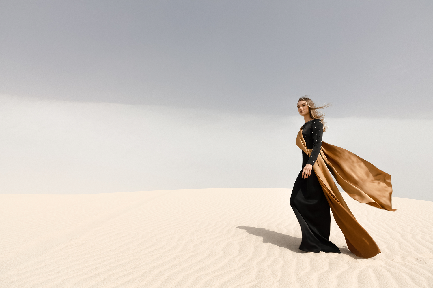 Embroidered satin maxi dress with voluminous drapery