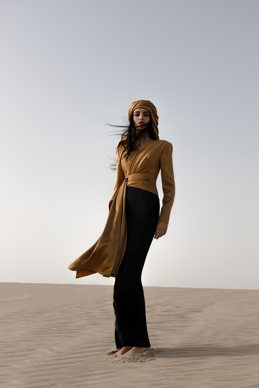 Draped satin maxi dress with voluminous shoulders