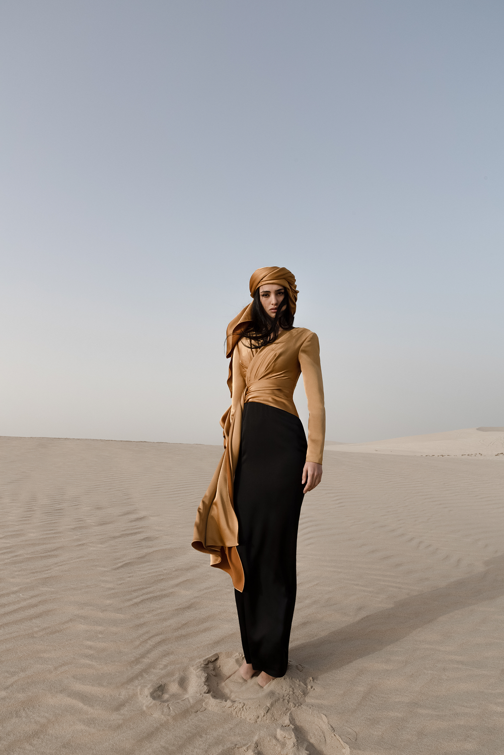 Draped satin maxi dress with voluminous shoulders