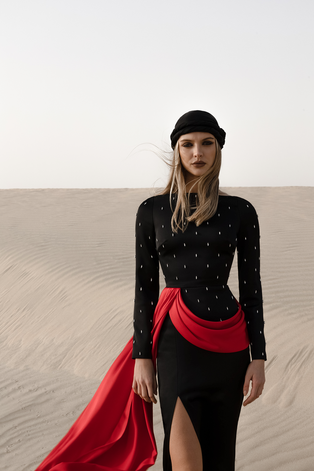 Embroidered satin maxi dress with drapery and train