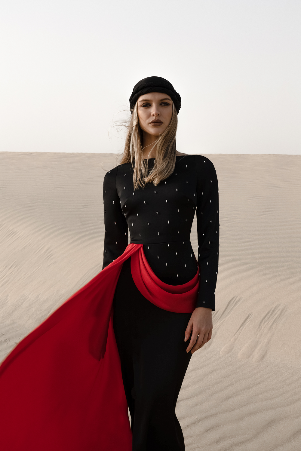 Embroidered satin maxi dress with drapery and train