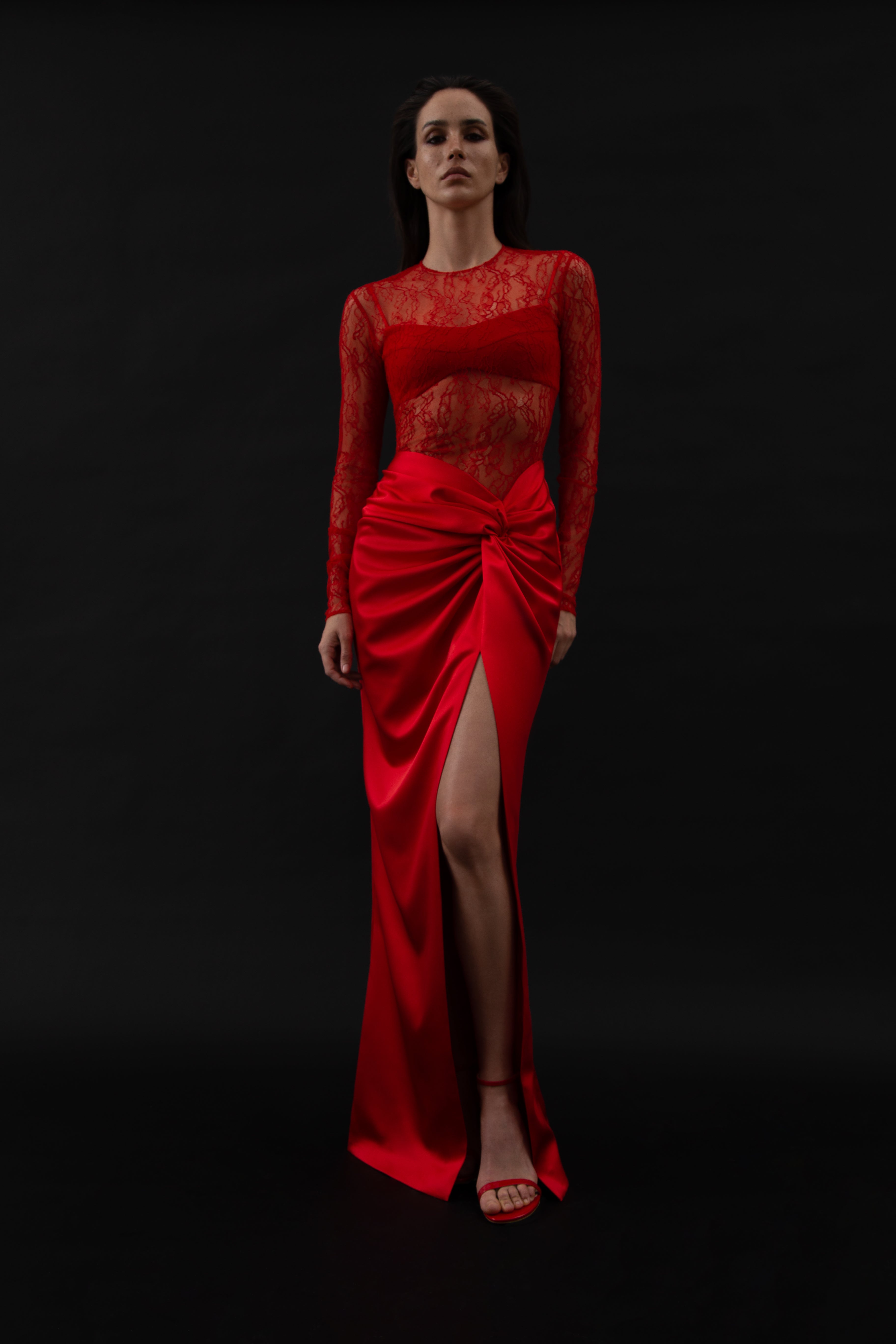 Draped lace and satin maxi dress