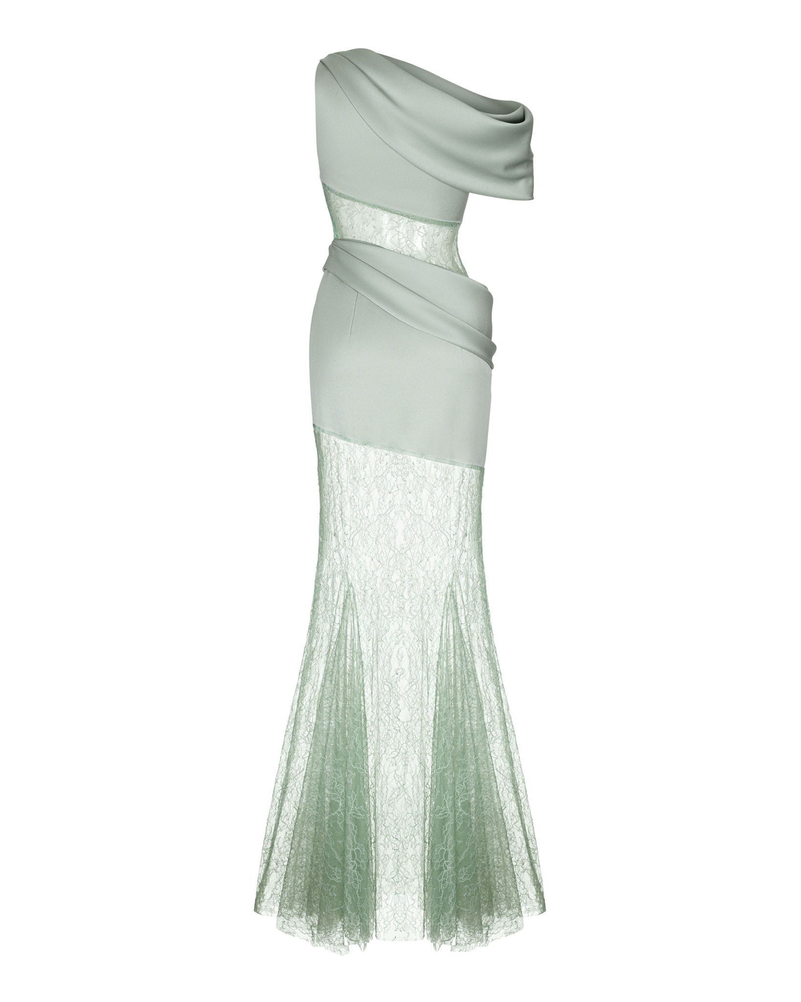 ASYMMETRIC BUCKLED LACE AND SATIN MAXI DRESS