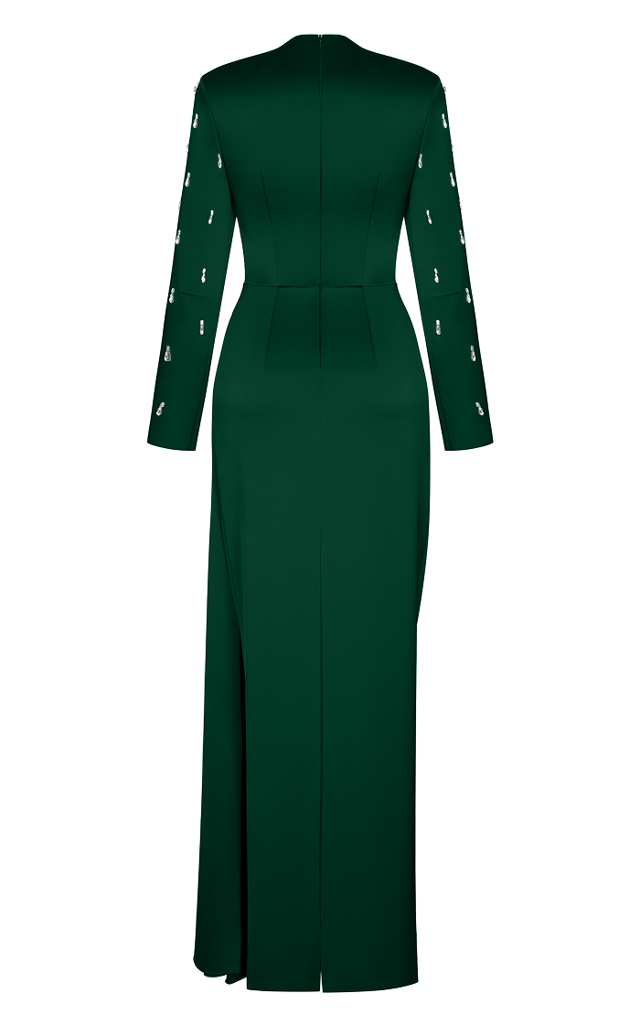 Asymmetric draped satin gown with embroidered sleeves – Rasario