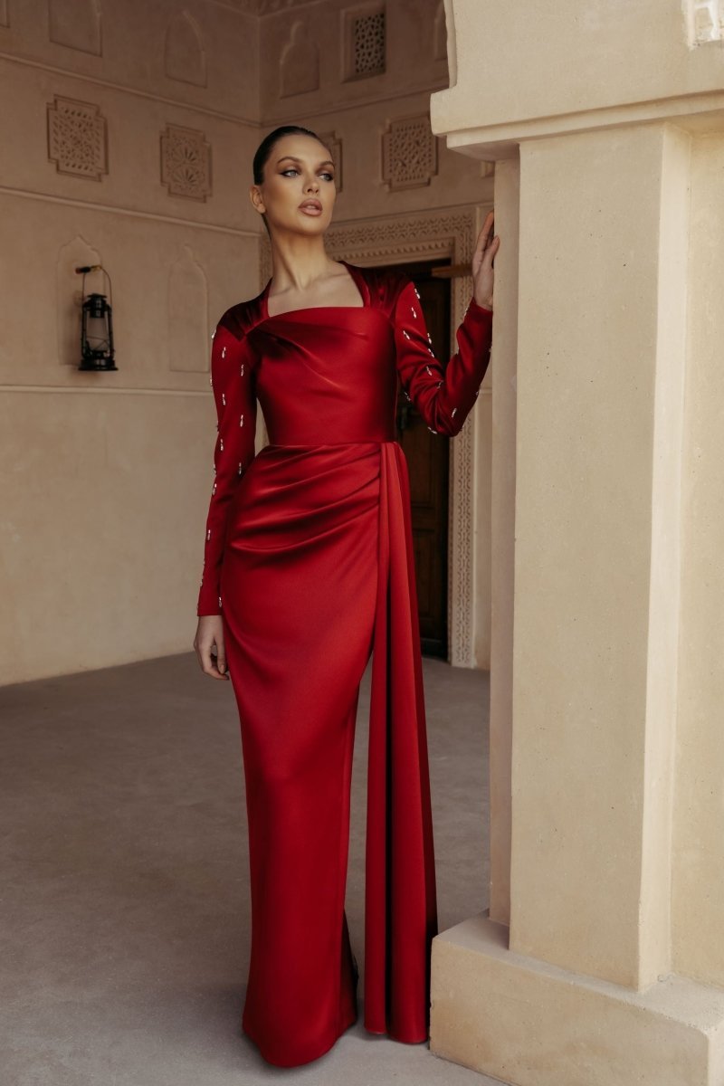 Asymmetric draped satin gown with embroidered sleeves – Rasario