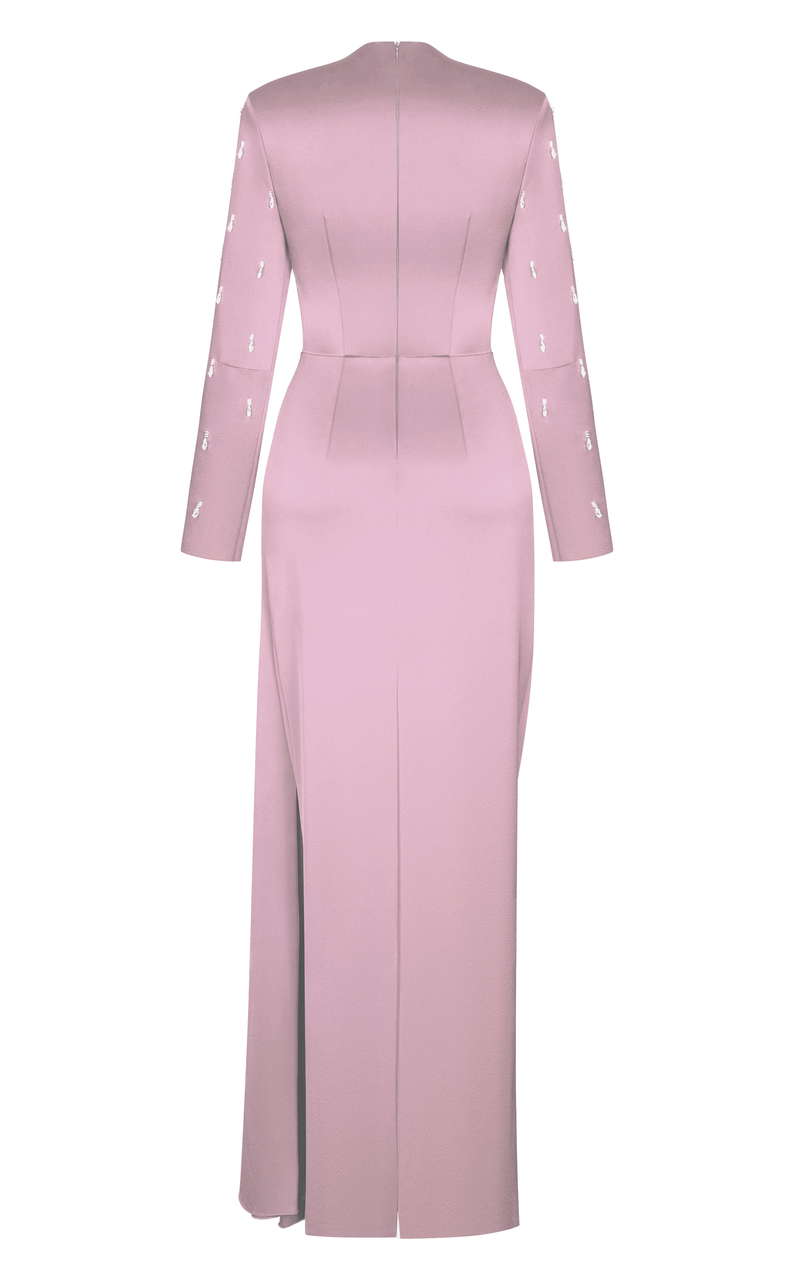 Asymmetric draped satin gown with embroidered sleeves – Rasario