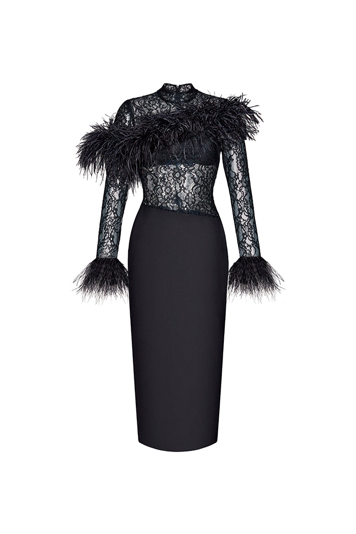 Asymmetric fringe crepe and lace midi dress – Rasario