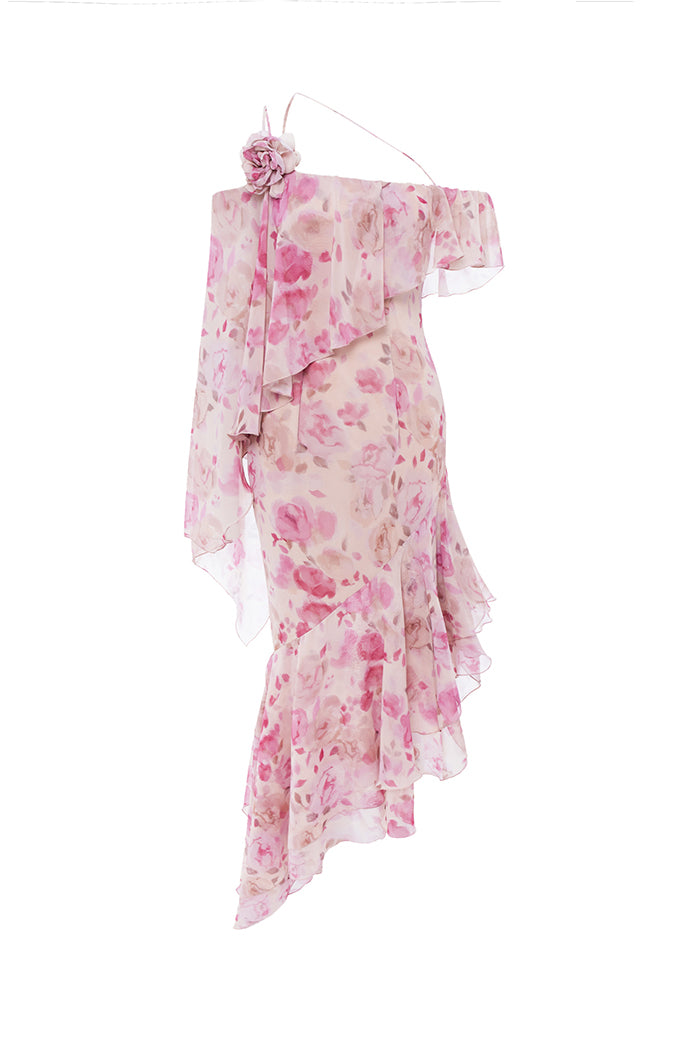 Asymmetrical printed chiffon midi dress with flounces – Rasario
