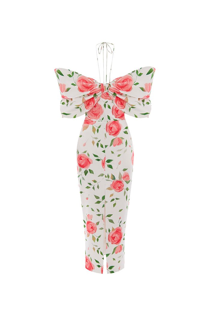 Bow-embellished midi printed satin dress – Rasario