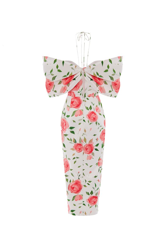 Bow-embellished midi printed satin dress – Rasario