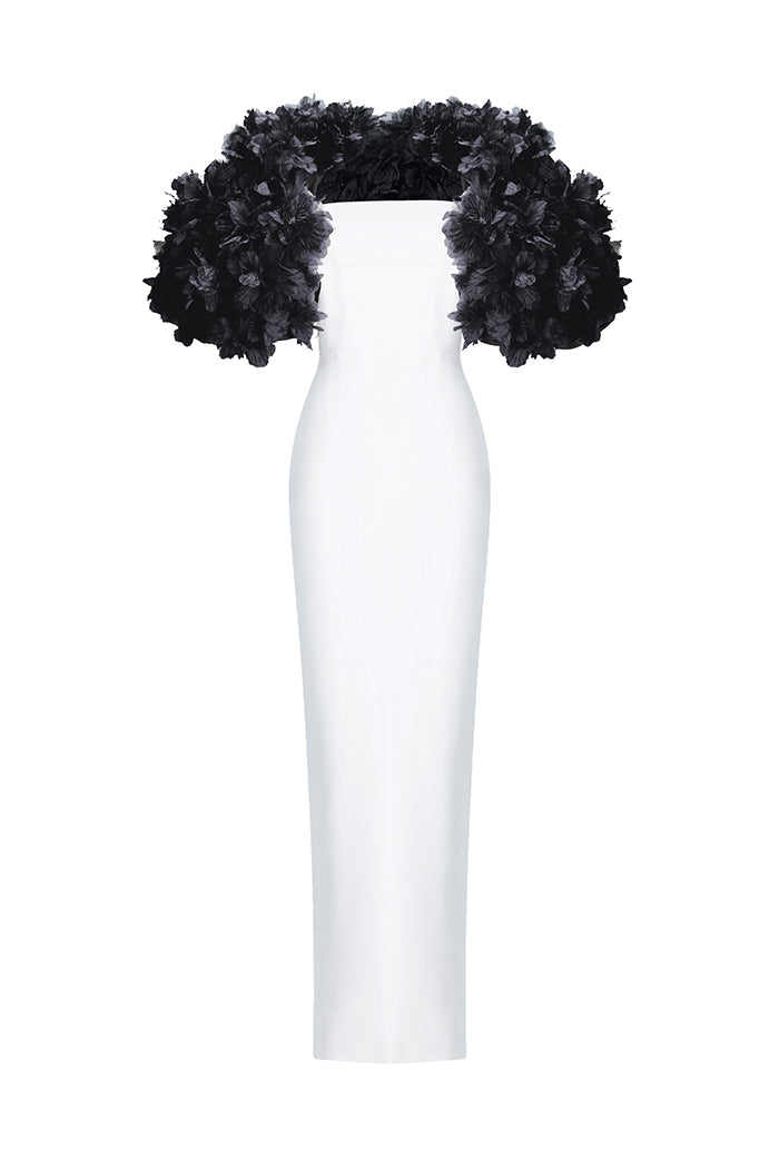 Crepe maxi dress with floral trim – Rasario