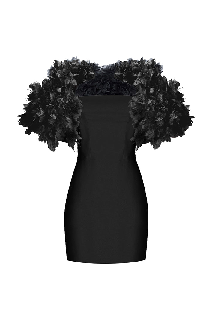 Crepe mini dress with floral trim – Rasario