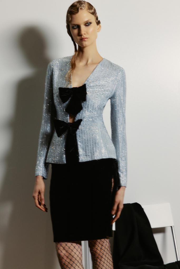 Crystal-embellished chiffon blazer with bows – Rasario