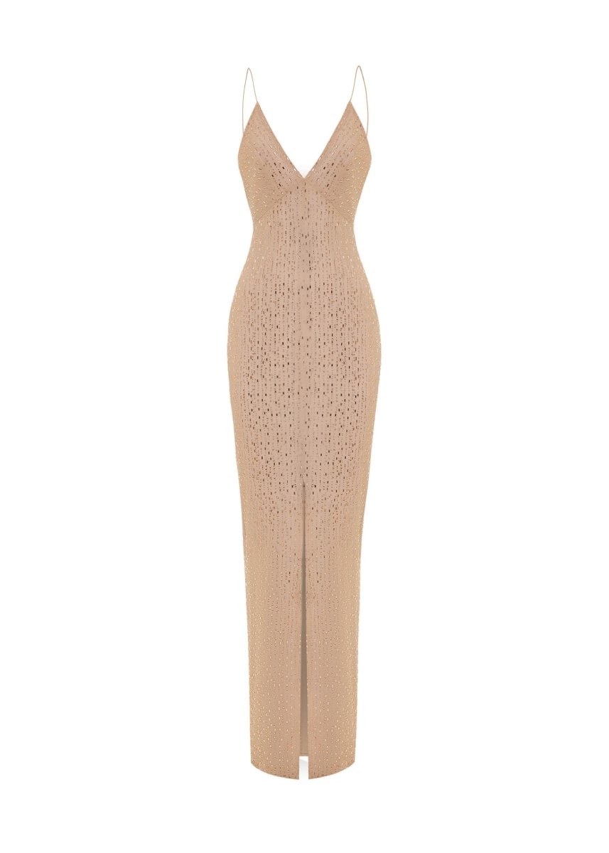 Crystal-embellished chiffon maxi dress with a slit – Color: Beige – RASARIO Online Boutique 36 (FR) / Beige
