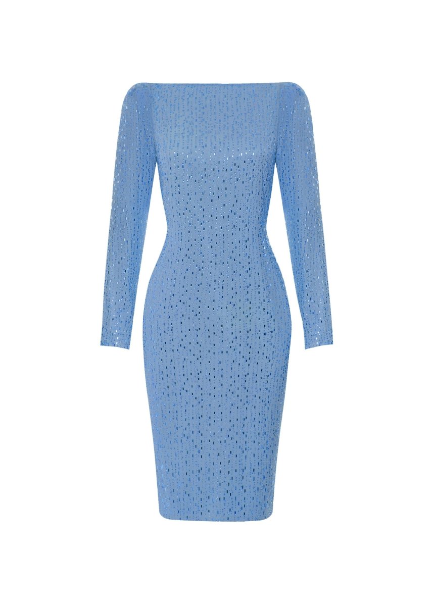 Crystal-embellished chiffon midi dress with an opened back – Color: Blue – RASARIO Online Boutique 38 (FR) / Blue