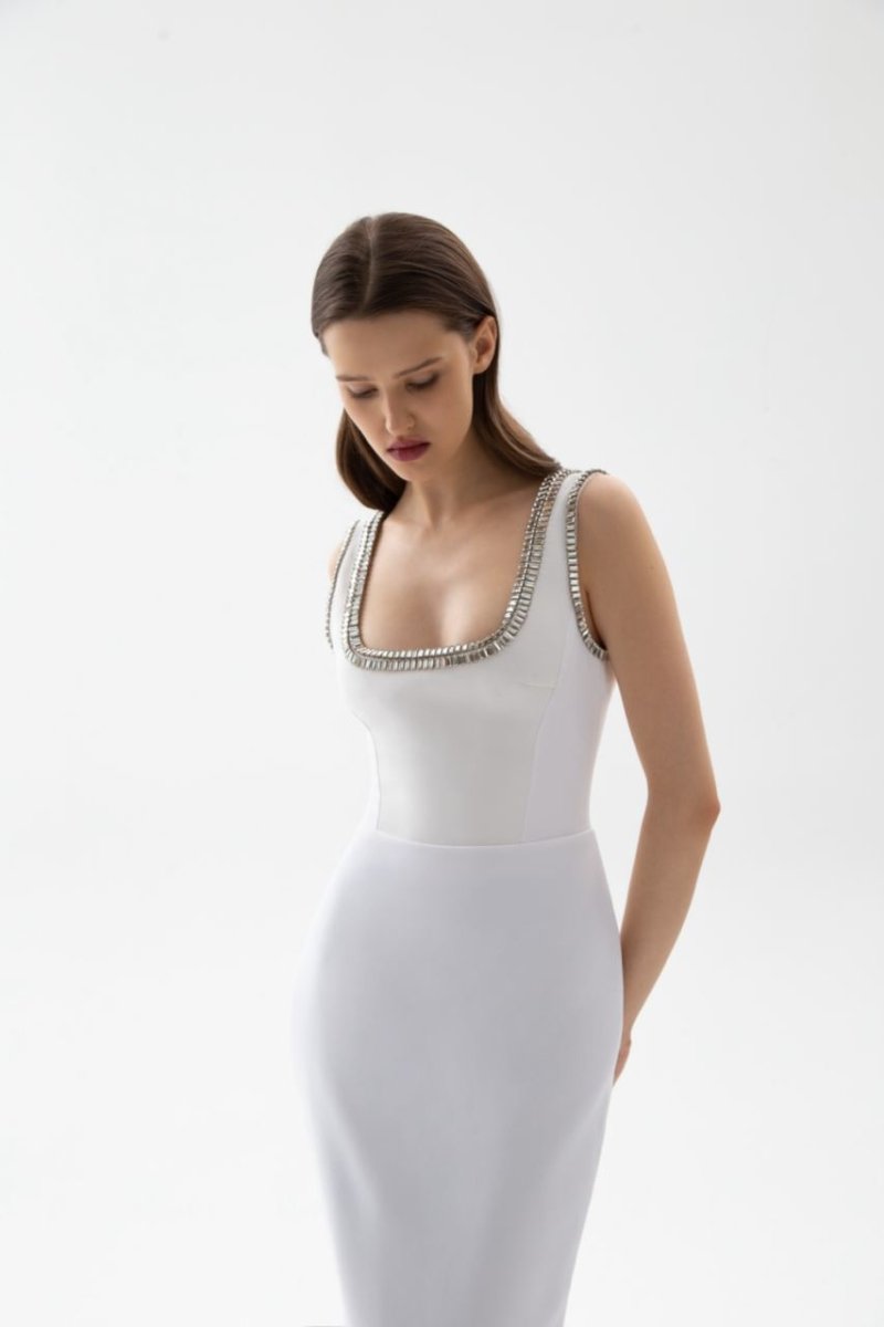 Crystal embellished crepe long midi dress with a side slit – Rasario