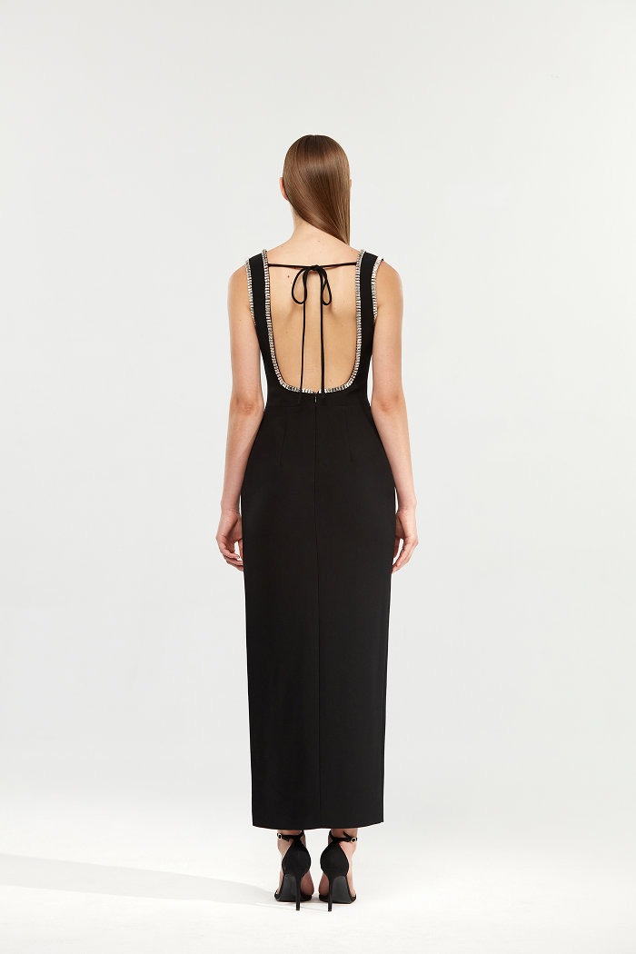 Crystal embellished crepe long midi dress with a side slit – Rasario