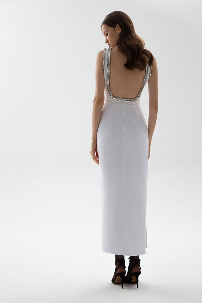 Crystal embellished crepe long midi dress with a side slit – Rasario