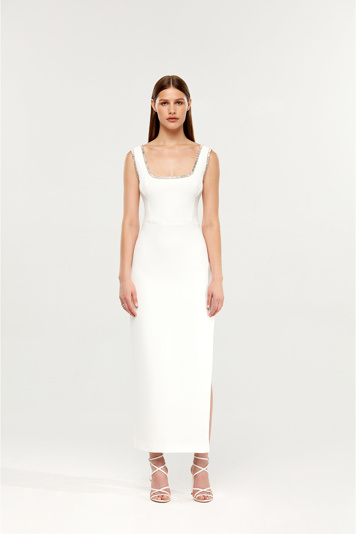 Crystal embellished crepe long midi dress with a side slit – Rasario