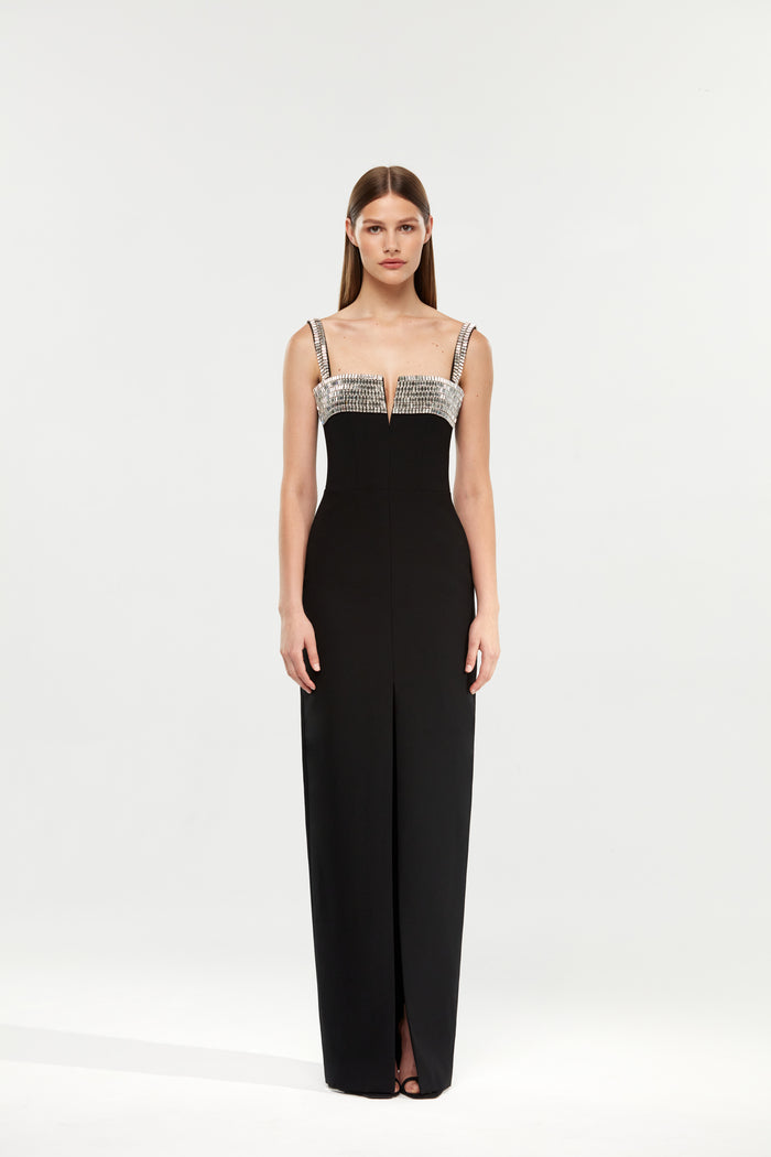 Crystal embellished crepe maxi dress with a slit – Rasario