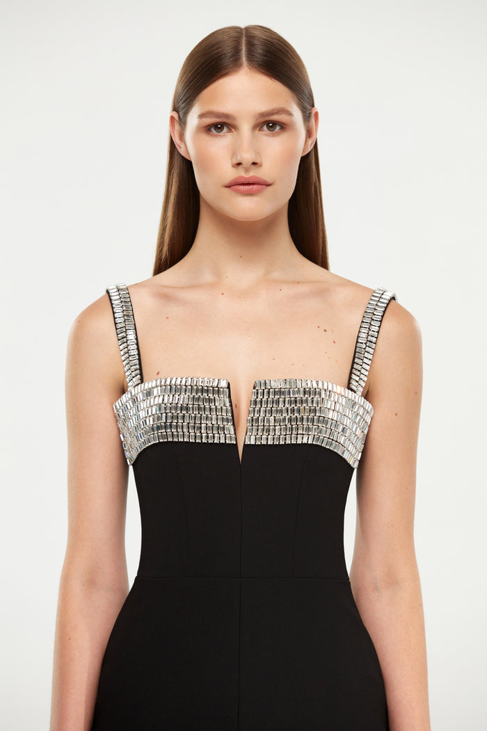 Crystal embellished crepe maxi dress with a slit – Rasario
