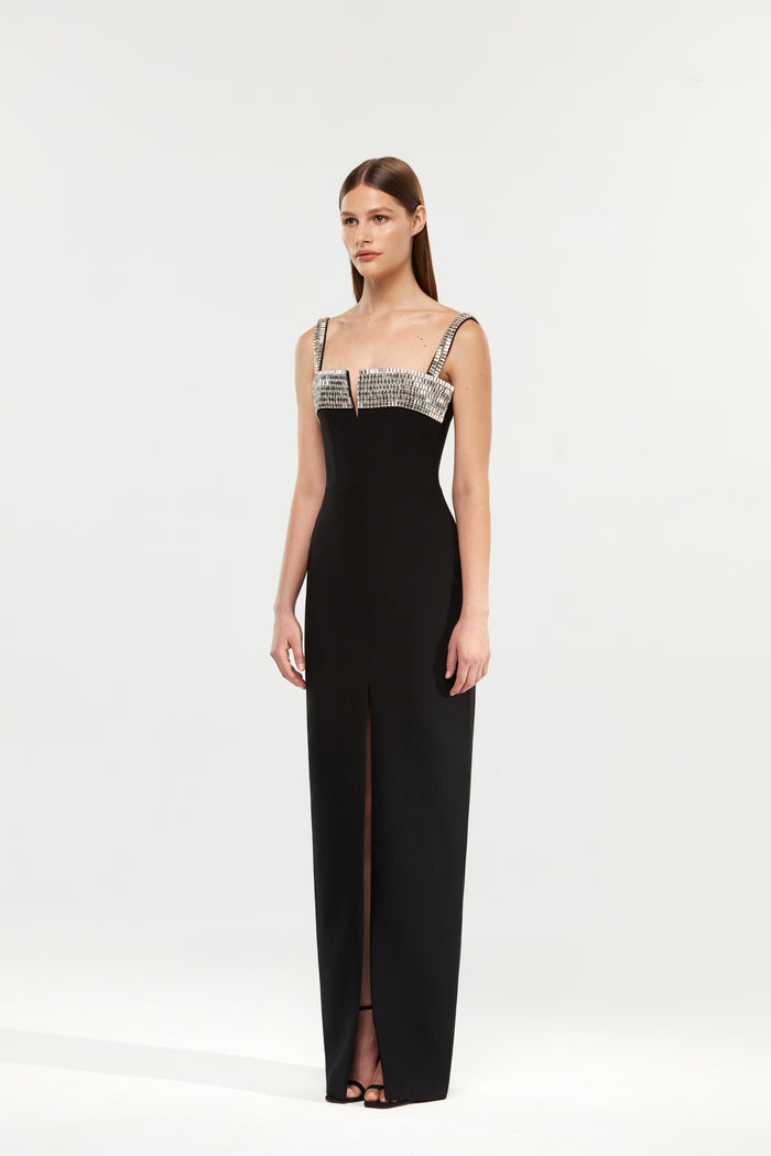 Crystal embellished crepe maxi dress with a slit – Rasario