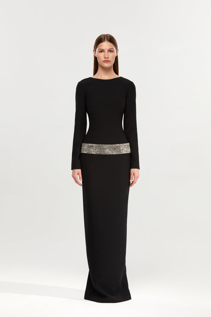 Crystal embellished crepe maxi dress with an opened back – Rasario