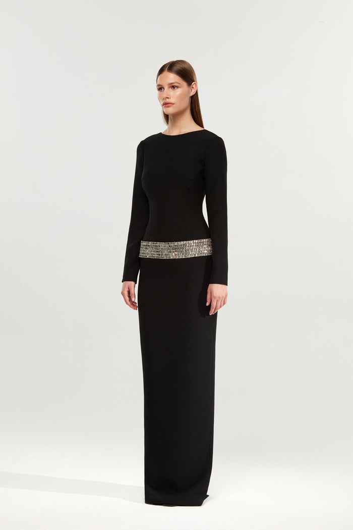 Crystal embellished crepe maxi dress with an opened back – Rasario