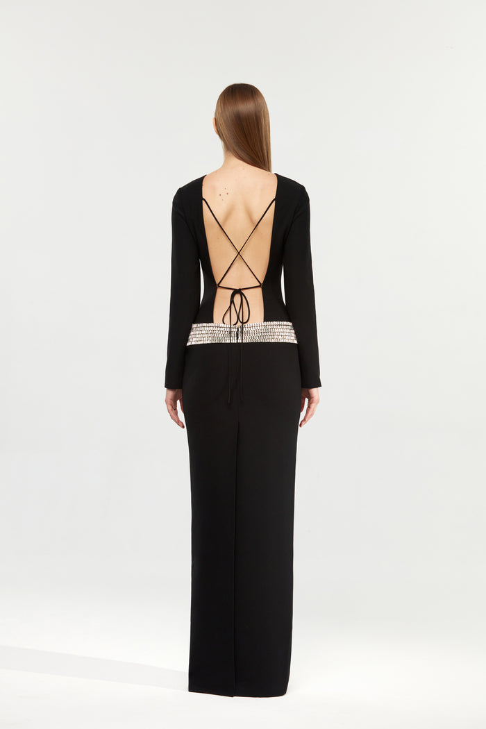 Crystal embellished crepe maxi dress with an opened back – Rasario