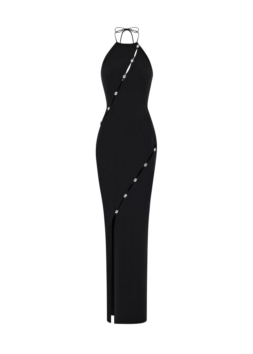 Crystal-embellished crepe maxi dress with cutouts – Rasario