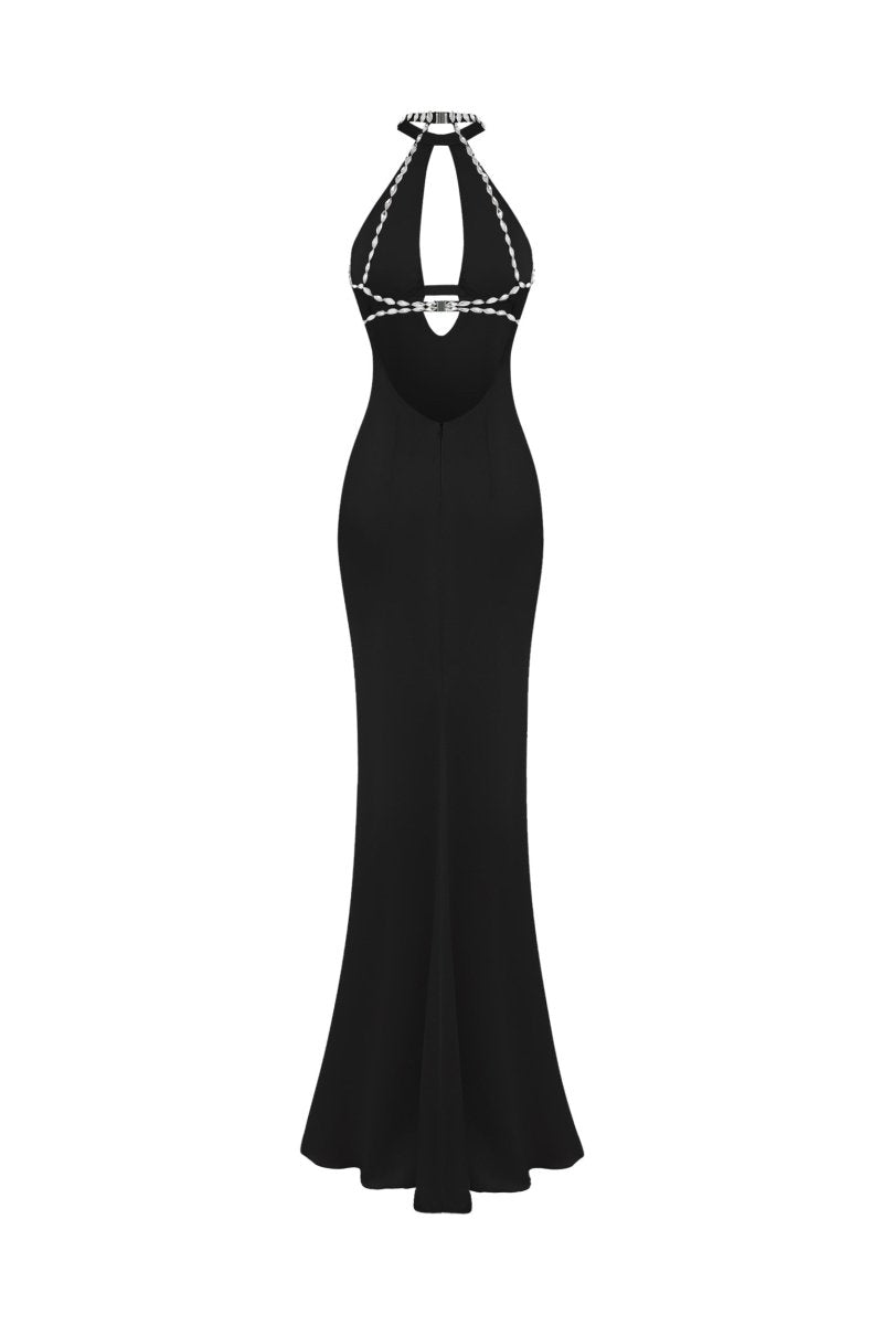 Crystal-embellished satin maxi dress with cutout – Rasario
