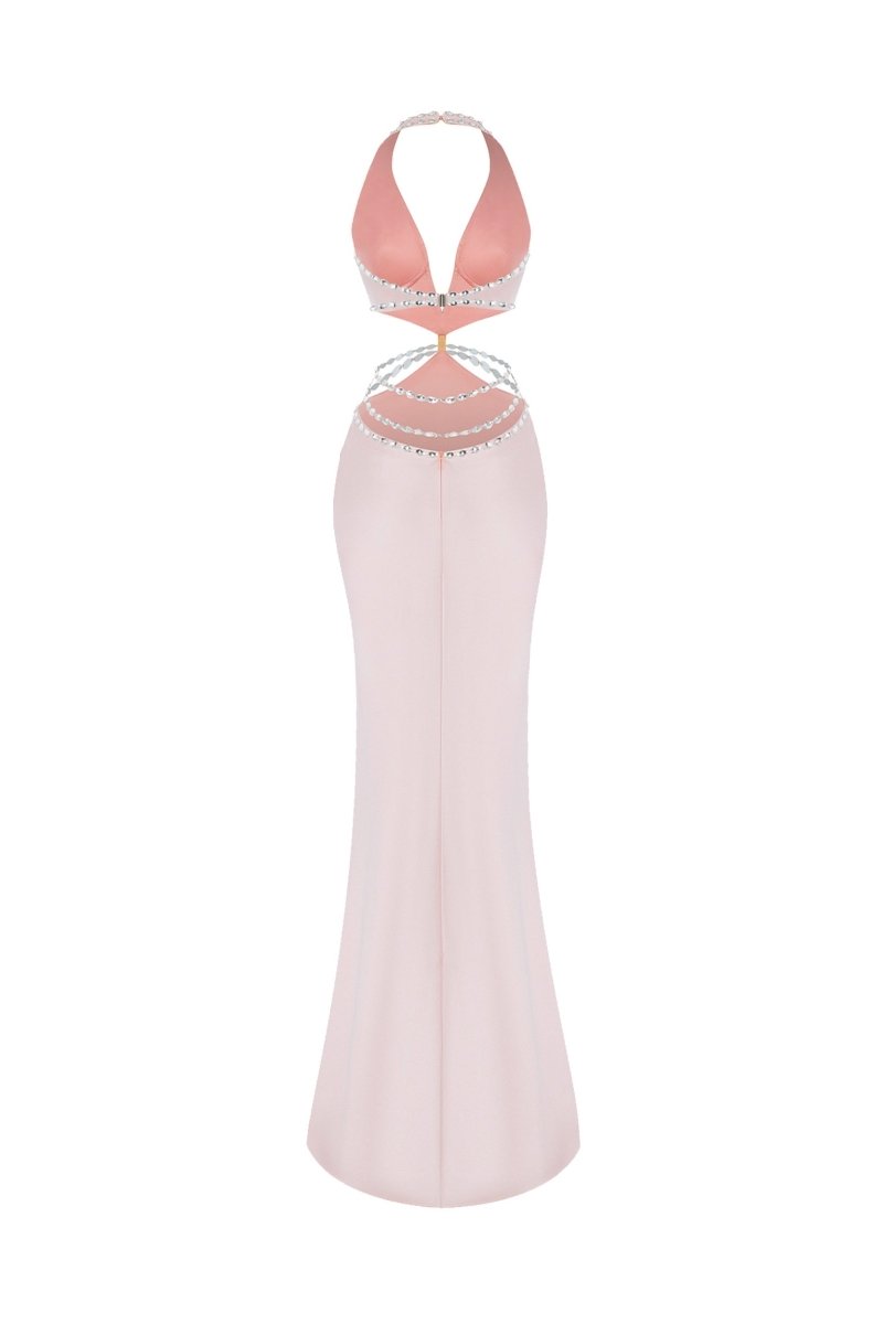 Crystal-embellished satin maxi dress with cutouts – Rasario