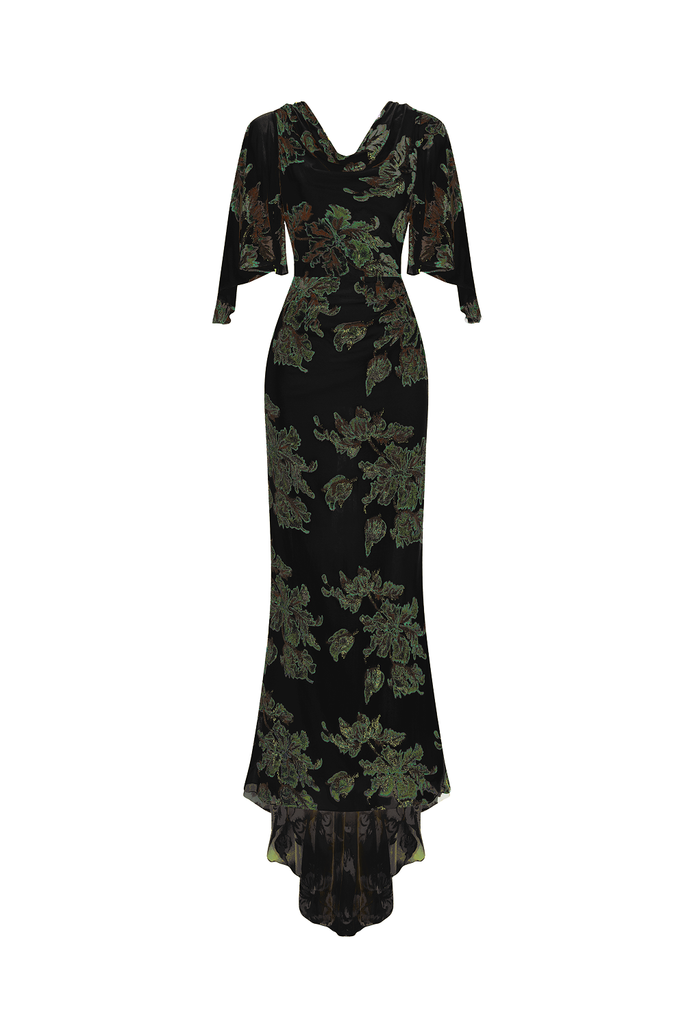 Devoré velvet maxi dress with cowl back and train – Rasario