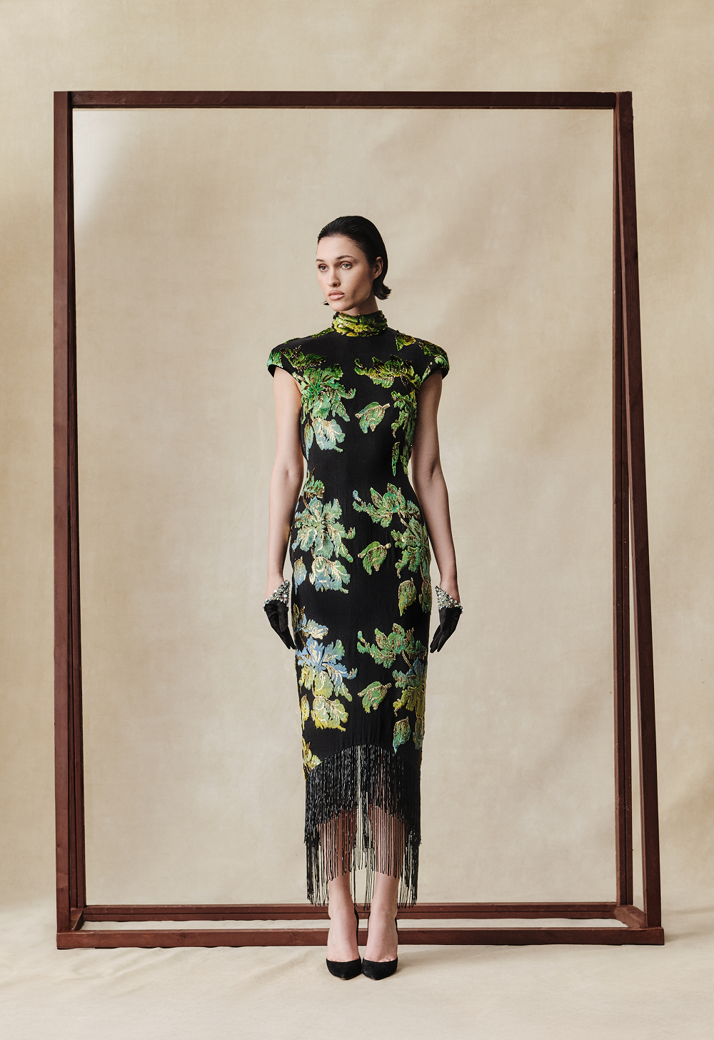 Devoré velvet midi dress with beaded fringe – Rasario