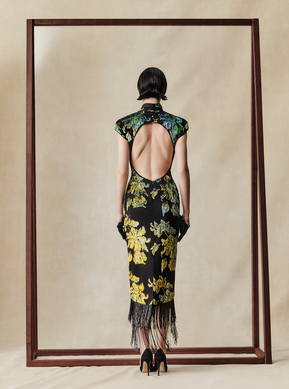 Devoré velvet midi dress with beaded fringe – Rasario