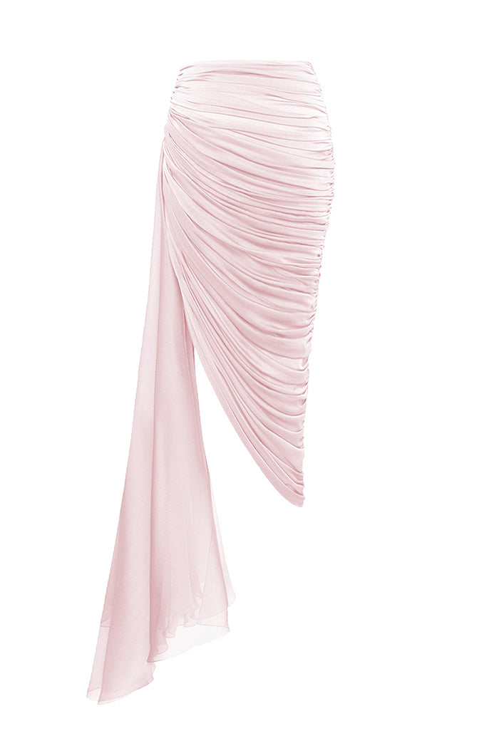 Draped chiffon midi skirt with a side train – Rasario