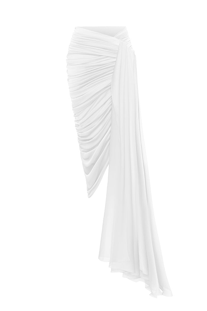 Draped chiffon midi skirt with a side train – Rasario